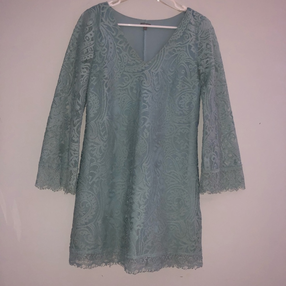 Seafoam blue lace overlay dress